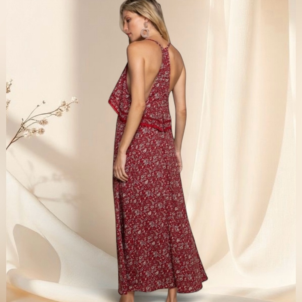 POL Red Ditzy Floral Midi Dress | Ruffle Lace Details - Picture 6 of 7